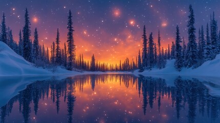 Fototapeta premium A serene winter landscape at dusk, featuring a reflective river and snow-covered trees.