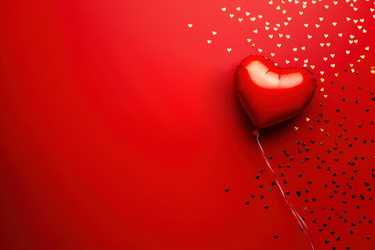 Red heart balloon floats against a vibrant red backdrop decorated with golden confetti hearts
