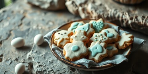 A plate of freshly baked cookies adorned with delicate blue and white icing, arranged on a rustic stone surface, creating a delightful and inviting culinary scene.