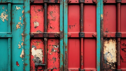 Naklejka premium Weathered teal and red metal panels with rust and peeling paint.