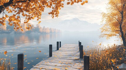 A calm lake with a small wooden pier, surrounded by golden autumn leaves and distant mountains