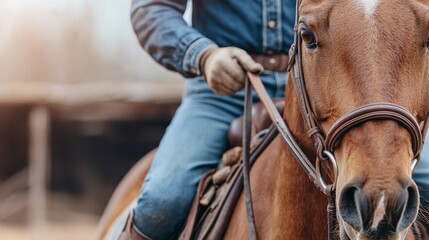 Close-Up View of a Rider in Denim Attire on a Beautiful Chestnut Horse in Natural Outdoor Setting, Showcasing the Bond Between Horse and Rider