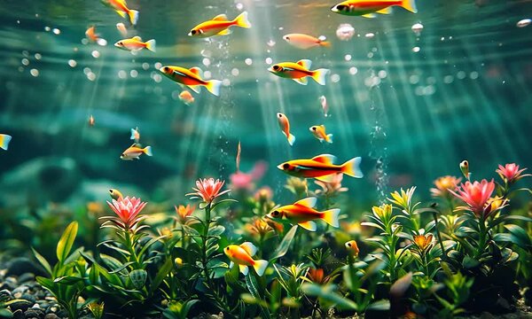 Underwater scene with colorful fish swimming among vibrant flowers.
