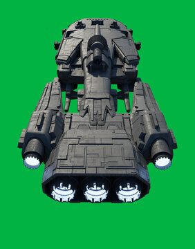 Space Ship with Top Mounted Cannon and Side Lasers with White Glowing Engines on a Green Screen Background - Rear View From Above, 3d digitally rendered science fiction illustration