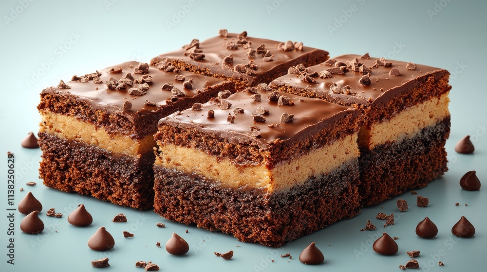 Aufkleber decadent chocolate layer cake with rich cream and topped with chocolate shavings against a soft blue