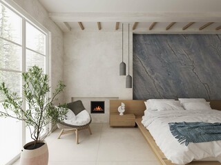Luxury comfy bedroom interior design with grey comfy bed and wooden chair besides wall of window to back yard and beige tiles on floor and on wall and essential decor item. Aesthetic. 3D Rendering