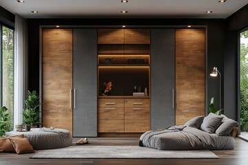 Modern bedroom with large wooden and gray sliding door wardrobe, comfy floor seating, and plants.