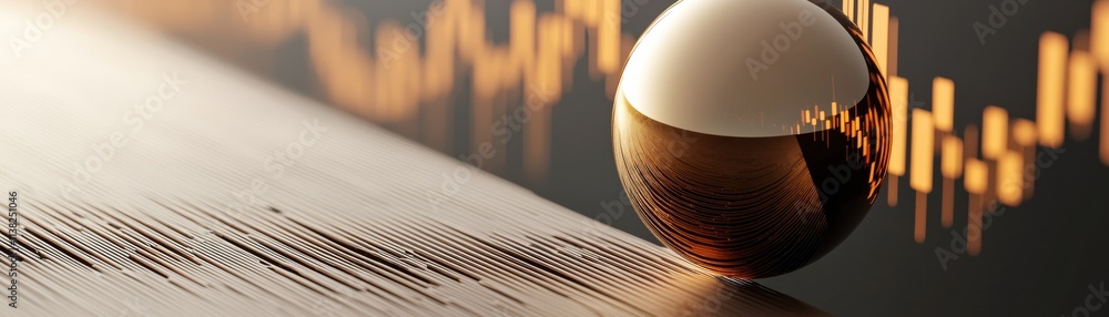 Poster a close-up of a reflective sphere on a surface, with financial data and trends displayed in the back