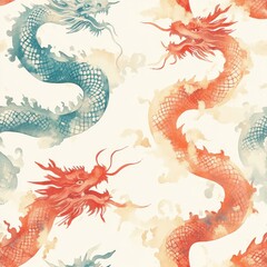 Majestic dragons in a vibrant pattern art creation digital illustration colorful design aesthetic perspective fantasy theme