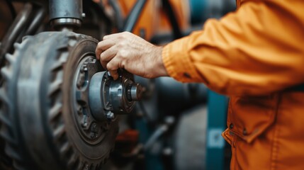Fototapeta premium Close-Up of a Mechanic's Hand Adjusting a Machine Component in an Industrial Workshop Setting, Highlighting Precision and Attention to Detail in Vehicle Maintenance