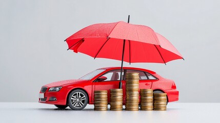 Financial safeguards and investment safety. A red car under a red umbrella with stacks of coins, symbolizing financial protection.