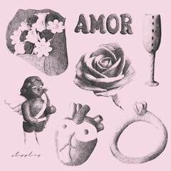 Vintage set of Valentine s Day elements set with retro grunge vibe and halftone stippling effect. Perfect for social media, gift cards, holiday promotions. love-themed 3d elements. Vector