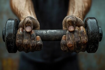 Close-up of dirty hands gripping a heavy dumbbell, showcasing strength and hard work.