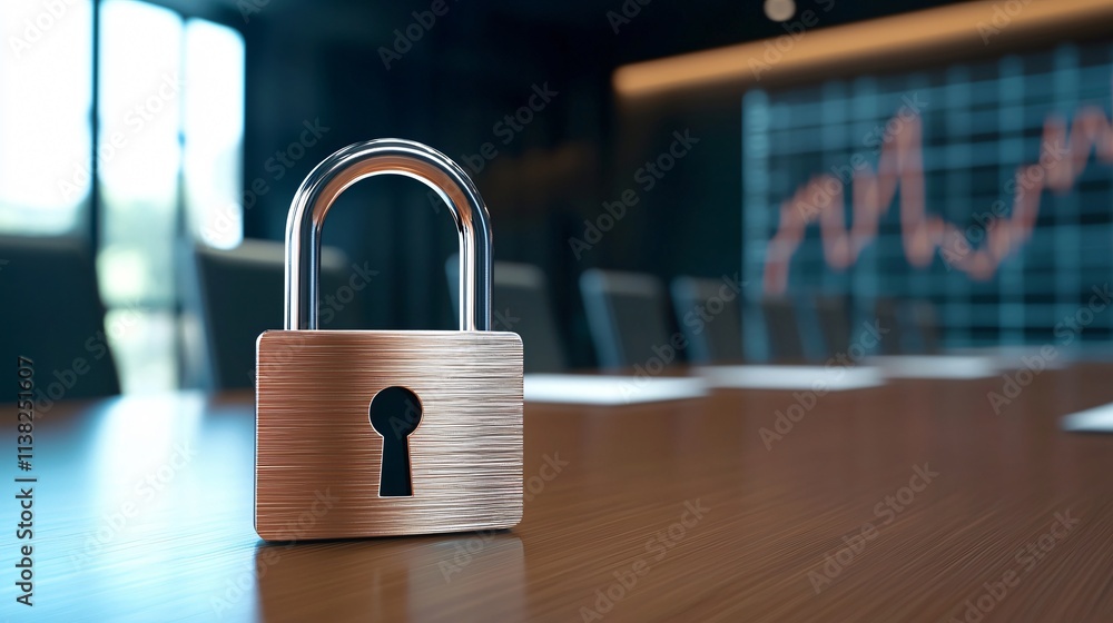 Poster financial safeguards and investment safety. a padlock on a table in a modern office setting with a g