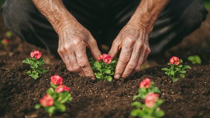 Fototapeta premium Close-up of Weathered Hands Planting Fresh Flower Seedlings in Rich Dark Soil, Showcasing the Beauty of Gardening and Cultivating Nature with Care and Love