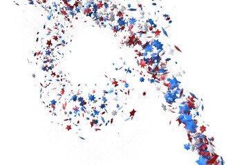 A blue glitter confetti border with red and blue stars on white