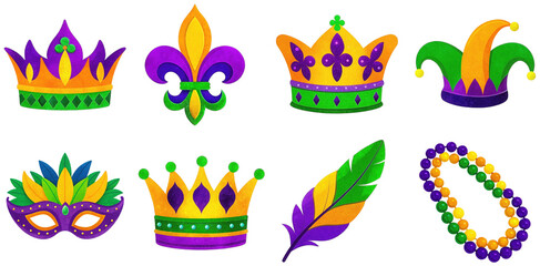 Colorful Mardi Gras symbols, crowns, mask, beads and feathers. Carnival, parade, celebration, PNG image isolated on transparent background