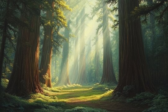 Sunlit path through a mystical redwood forest, tall trees create a serene and enchanting atmosphere.