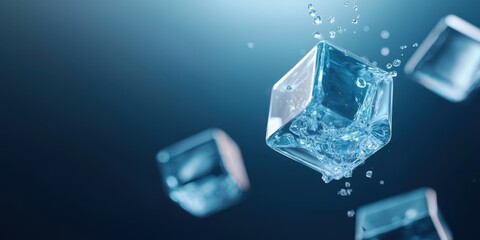 Digital transformation solution adaptability. Floating ice cubes create a refreshing visual in a serene blue backdrop with splashes of water.