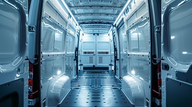 Empty White Cargo Van Interior with Metal Floor and LED Lighting