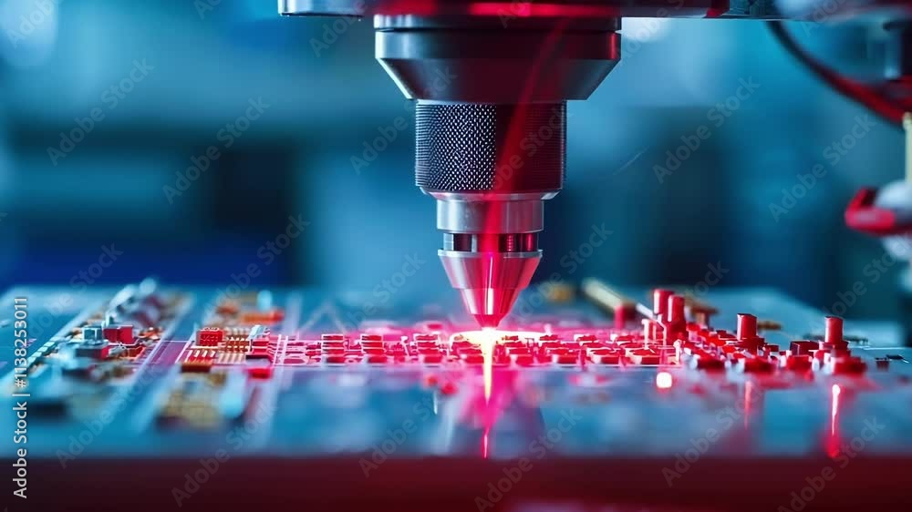 Poster robotic arms assemble microchips in a factory, utilizing lasers to precisely join components. sparks