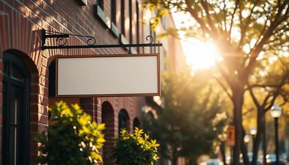 Fototapeta premium Blank Store Sign on Brick Building Golden Hour Sunlight