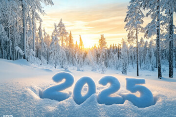 New Year background with the number 2025 written in snow, a winter forest landscape at sunset.