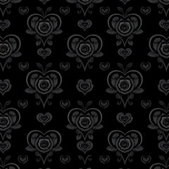 Fototapeta premium Black and Grey Floral Heart Pattern: An elegant and intricate seamless pattern featuring black roses nestled within grey hearts on a black background.