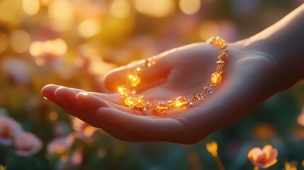 A glowing charm bracelet with tiny lucky charms dangling, cradled in open hands, illuminated by a soft golden light, with a blurred dreamy background of pastel colors, hd quality, natural look.