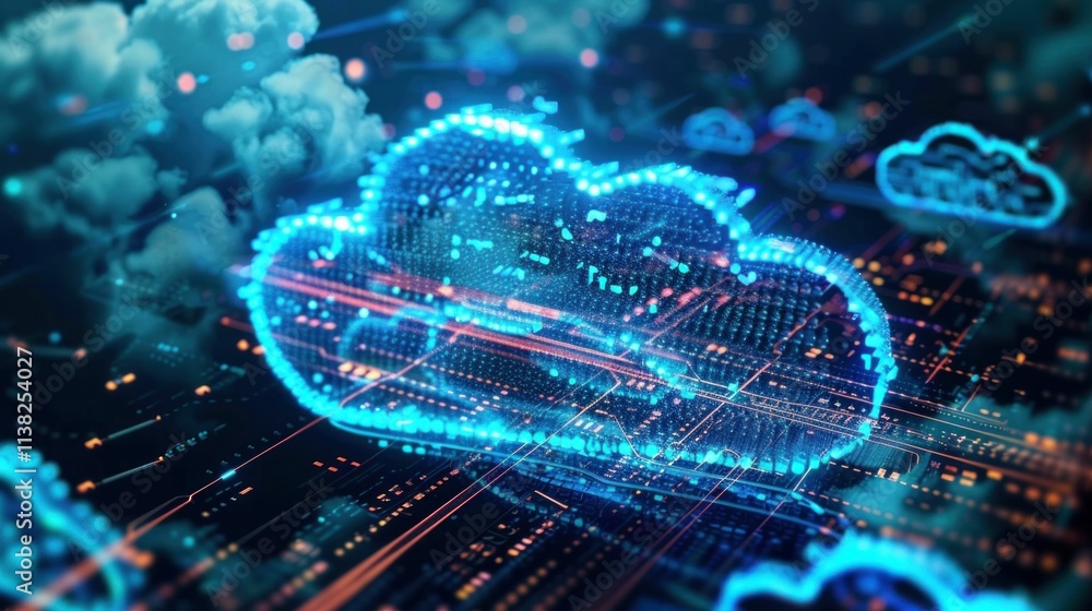 Poster cloud computing, digital technology, data storage, modern interface, network connectivity, blue tone
