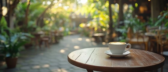 A cappuccino sits on a wooden table in a sunlit outdoor cafe.