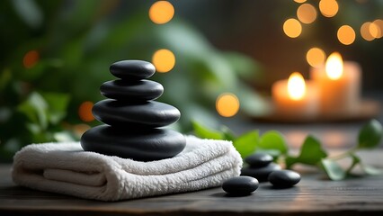 Towel on fern on wooden background with black hot stone and candles. Candlelight surrounds a heated stone massage table. Massage therapy in the light of a candle for one individual. Beauty spa.