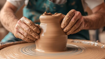 Skilled ceramic artist shaping a clay pot on a potter's wheel, showcasing the art of pottery and the intricacies of craftsmanship in a studio environment.