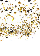 Banner with golden stars decoration. Festive border with falling glitter dust and stars.