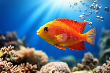 Naklejka premium A 3D-rendered tropical aquarium, featuring vibrant fish swimming among colorful corals, with bubbles rising to the surface and dynamic lighting effects