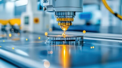 Close-up of a precision instrument calibrating a manufacturing machine, representing technological advancement