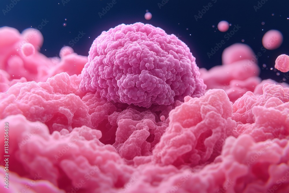 Poster a vibrant microscopic view of pink cellular structures, highlighting a central cell surrounded by te