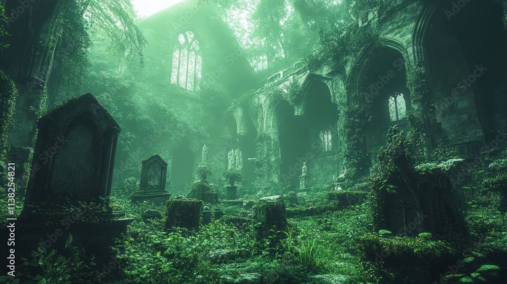Poster a serene, overgrown graveyard with gothic architecture and soft light filtering through trees.