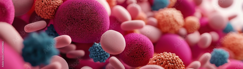 Poster a vibrant close-up of various colorful microorganisms, showcasing their diverse shapes and textures 