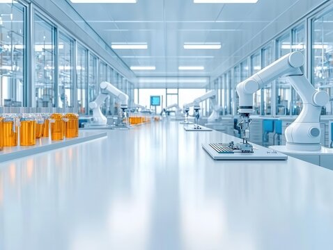 High-tech laboratory with robotic arms assembling medical devices, symbolizing precision in life science manufacturing
