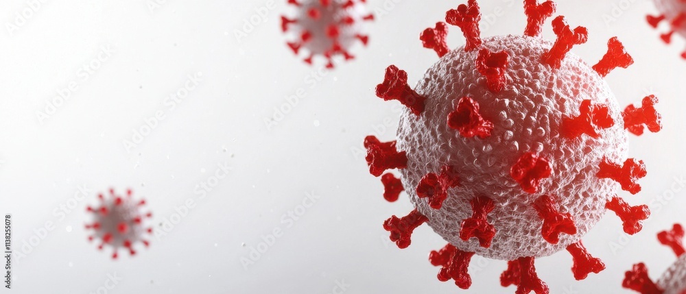 Poster a digital representation of a virus, showcasing its structure with red spikes, commonly associated w