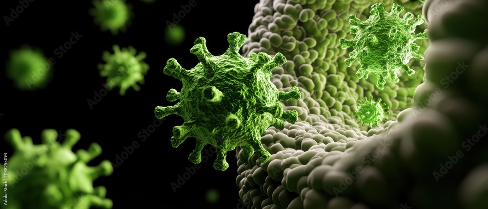 Poster a close-up view of green virus particles floating in a dark environment, showcasing their intricate 