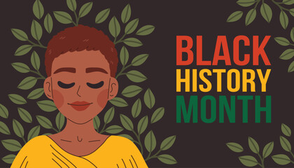 Black history month banner with african american woman. Vector illustration design graphic. Flat template for background, banner, card, poster