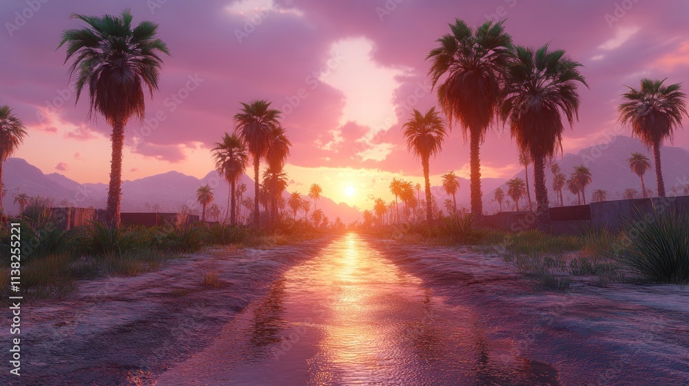 Poster serene sunset view with palm trees lining a reflective pathway in a tranquil landscape.