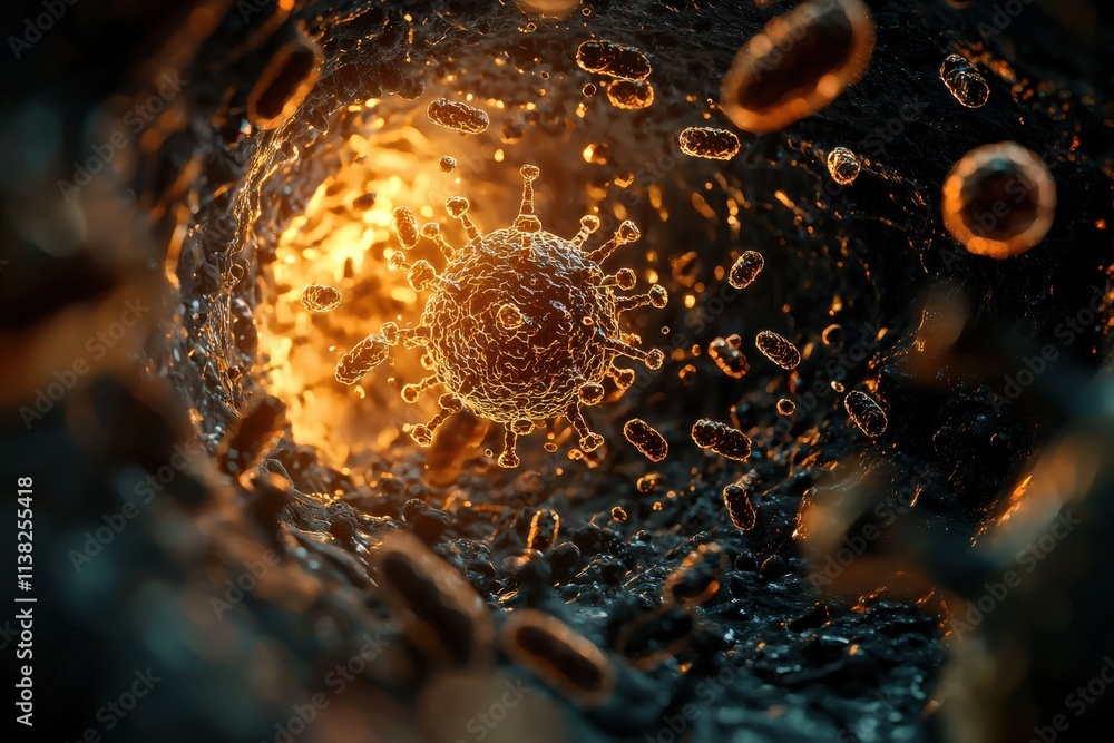 Poster a vibrant, close-up view of a cellular environment, featuring viral particles and illuminated cellul