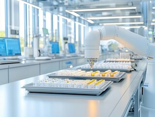 Robotic system handling trays of medical products, symbolizing automation in life science manufacturing