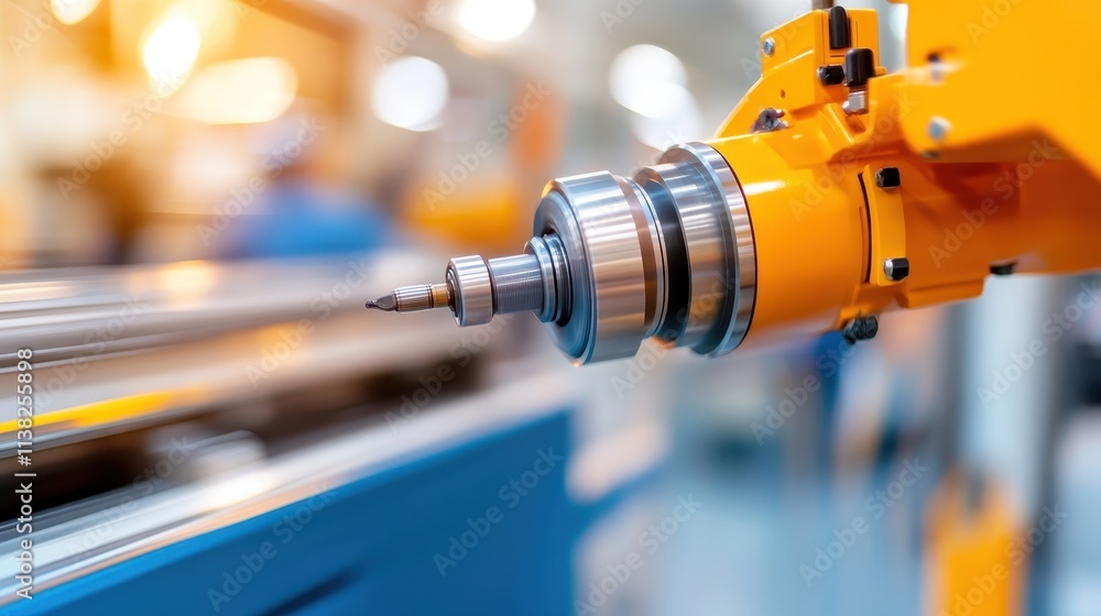 Poster the image depicts a high-tech industrial robot arm in action within a factory setting, illustrating 