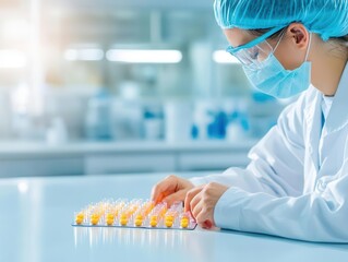 Technician performing quality checks on pharmaceutical packaging under bright, sterile lighting