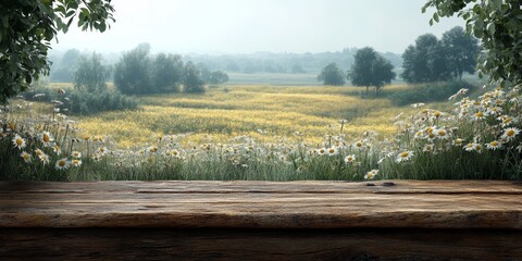 A background with a wooden surface in the foreground, neutral space for potential ad design. The background is softly blurred with natural elements like green trees, grass, and flowers,