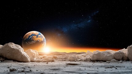 The Earth is seen rising over a horizon, set against a galactic backdrop, offering a breathtaking view of the interconnectedness of our planet and the universe.